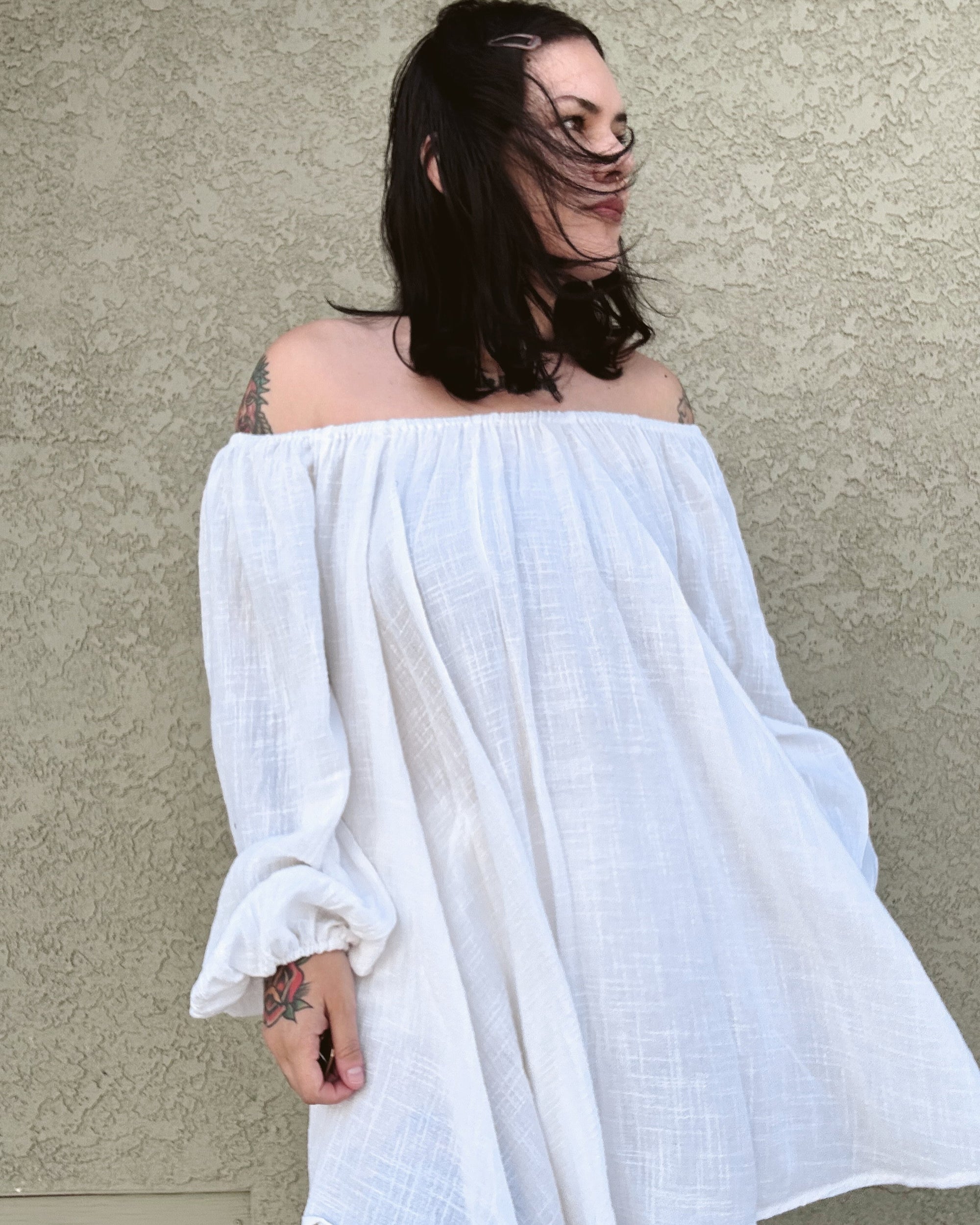 Balloon Sleeve Mini Tunic Dress - White