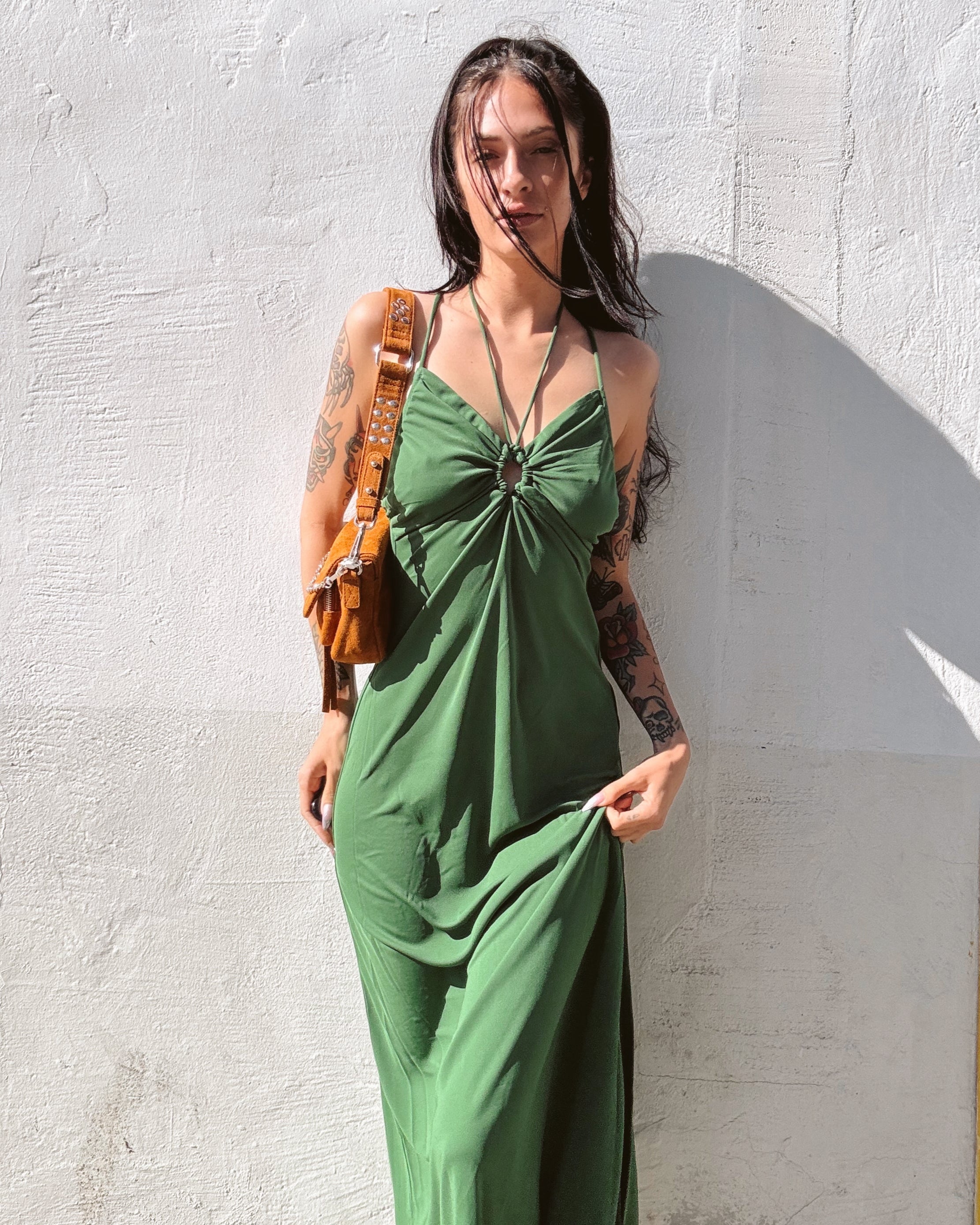 O Ring Maxi Dress - Green - Burnout