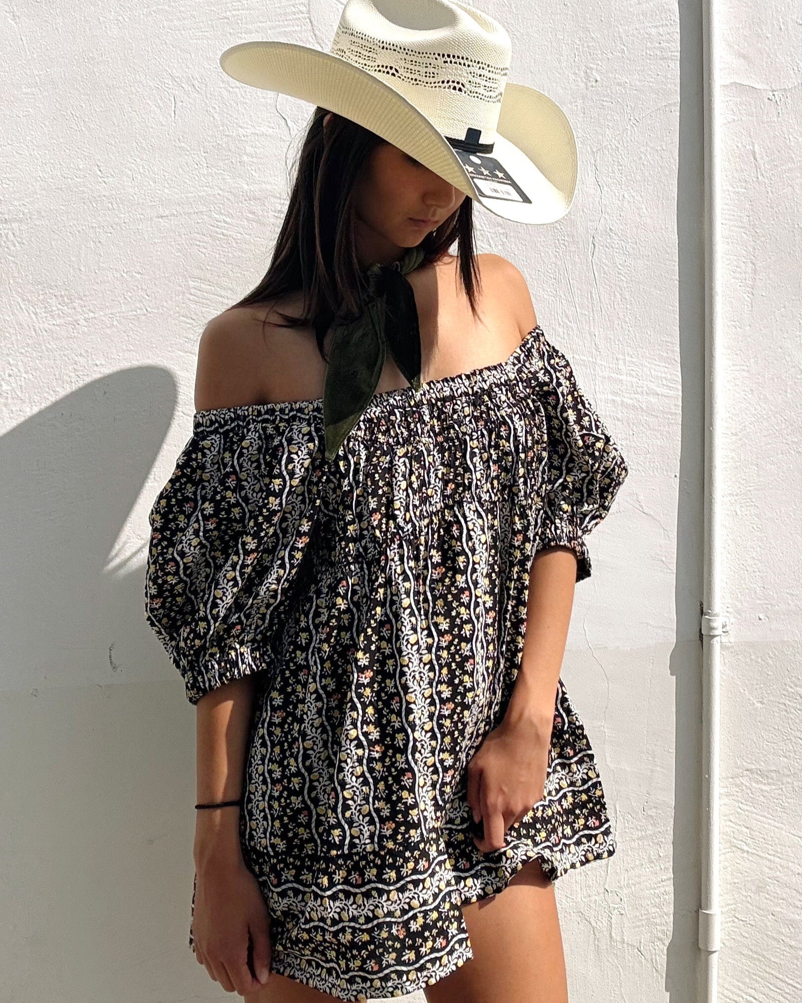 Golden Floral Mini Tunic Dress