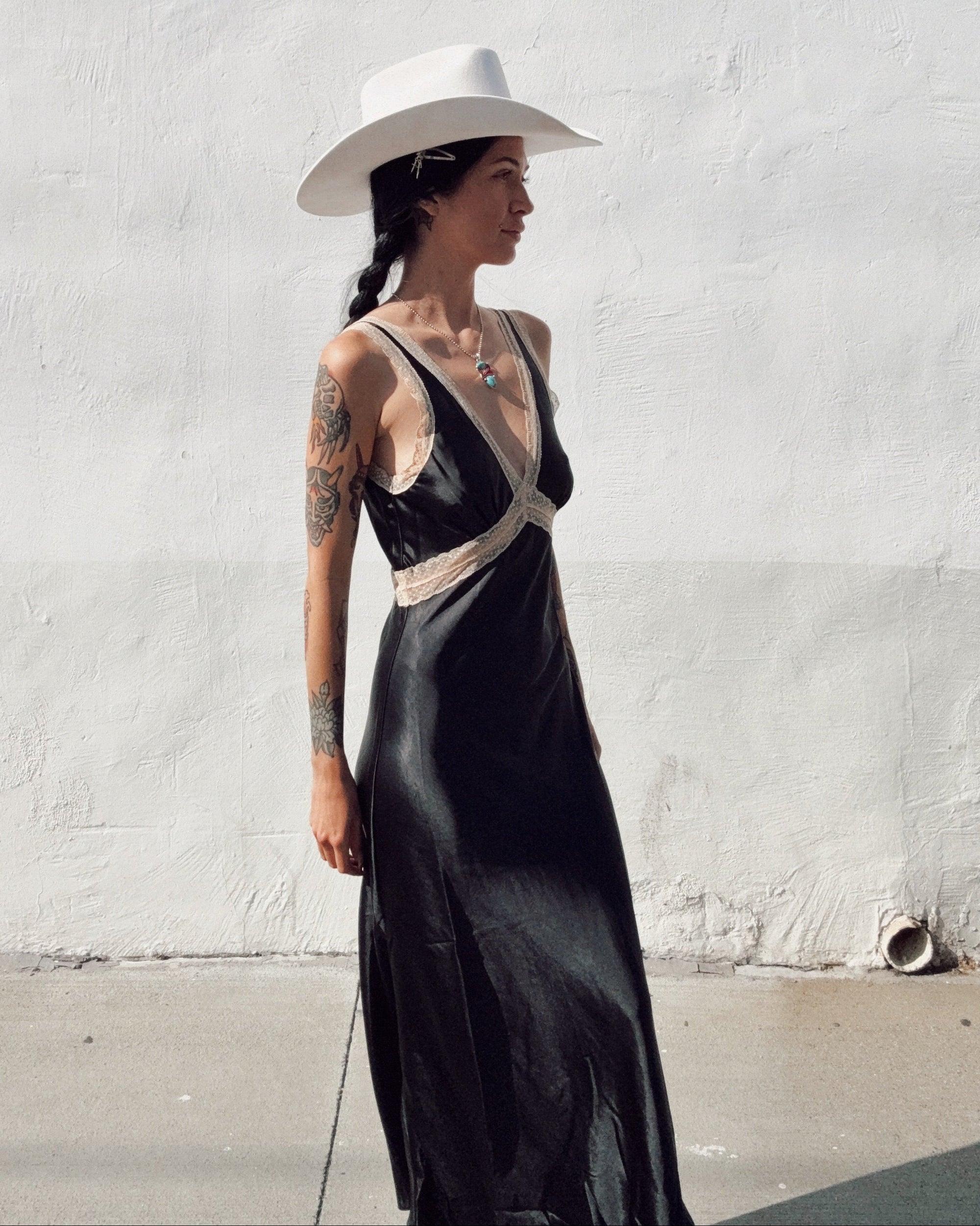 Lace Trim Satin Maxi Dress