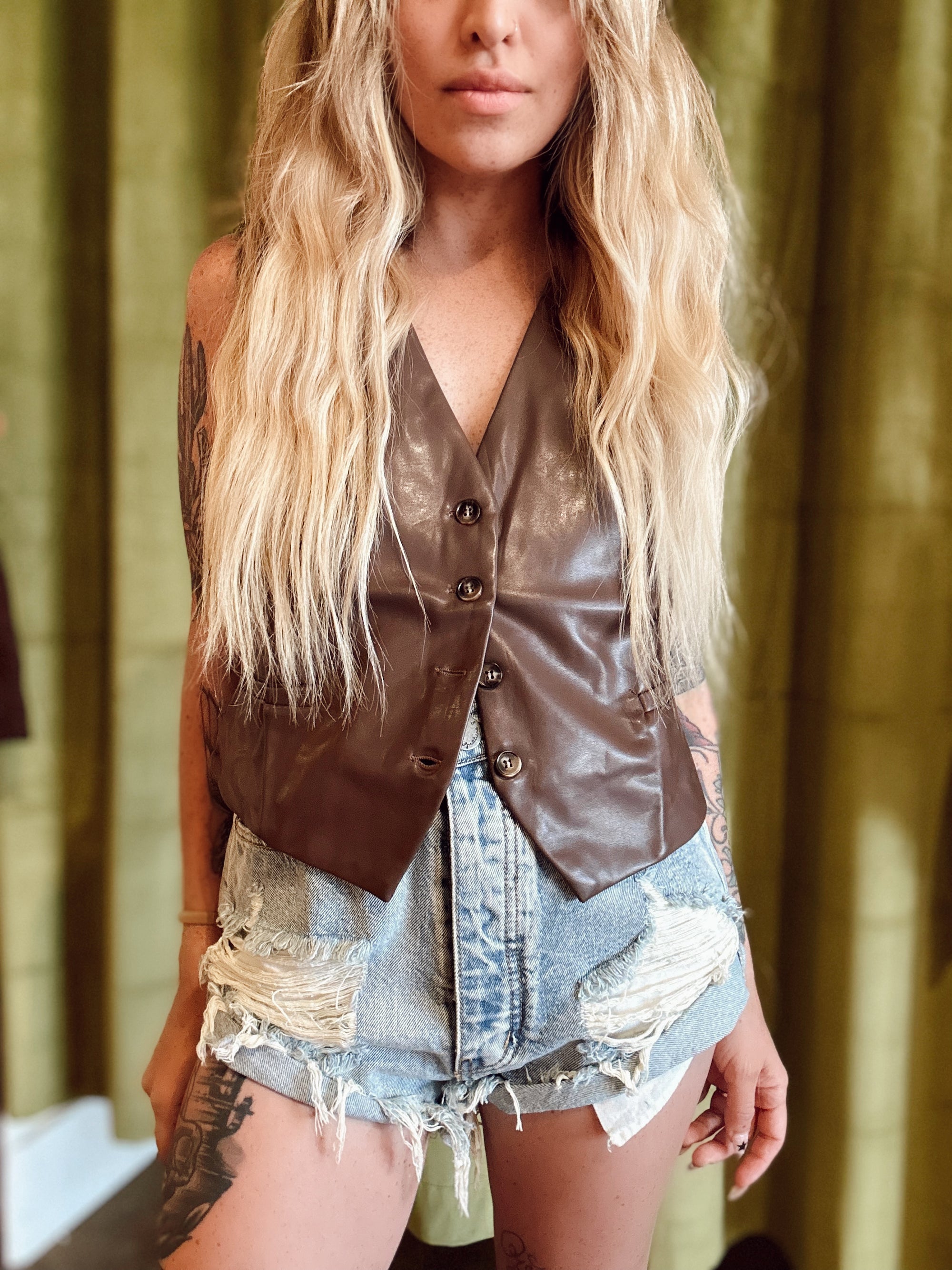 Leather Crop Vest - Brown