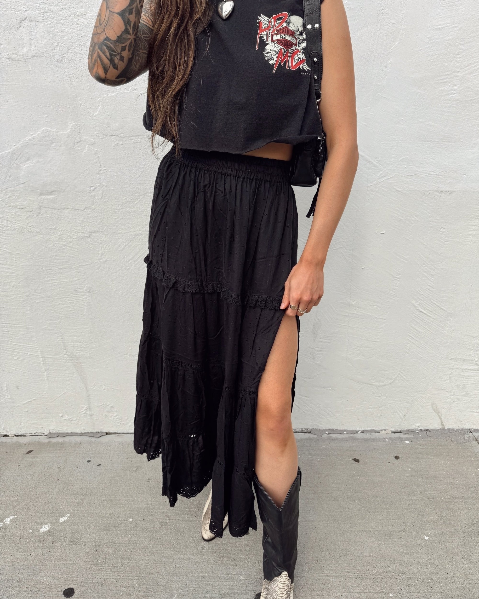 Tiered Slit Maxi Skirt - Black