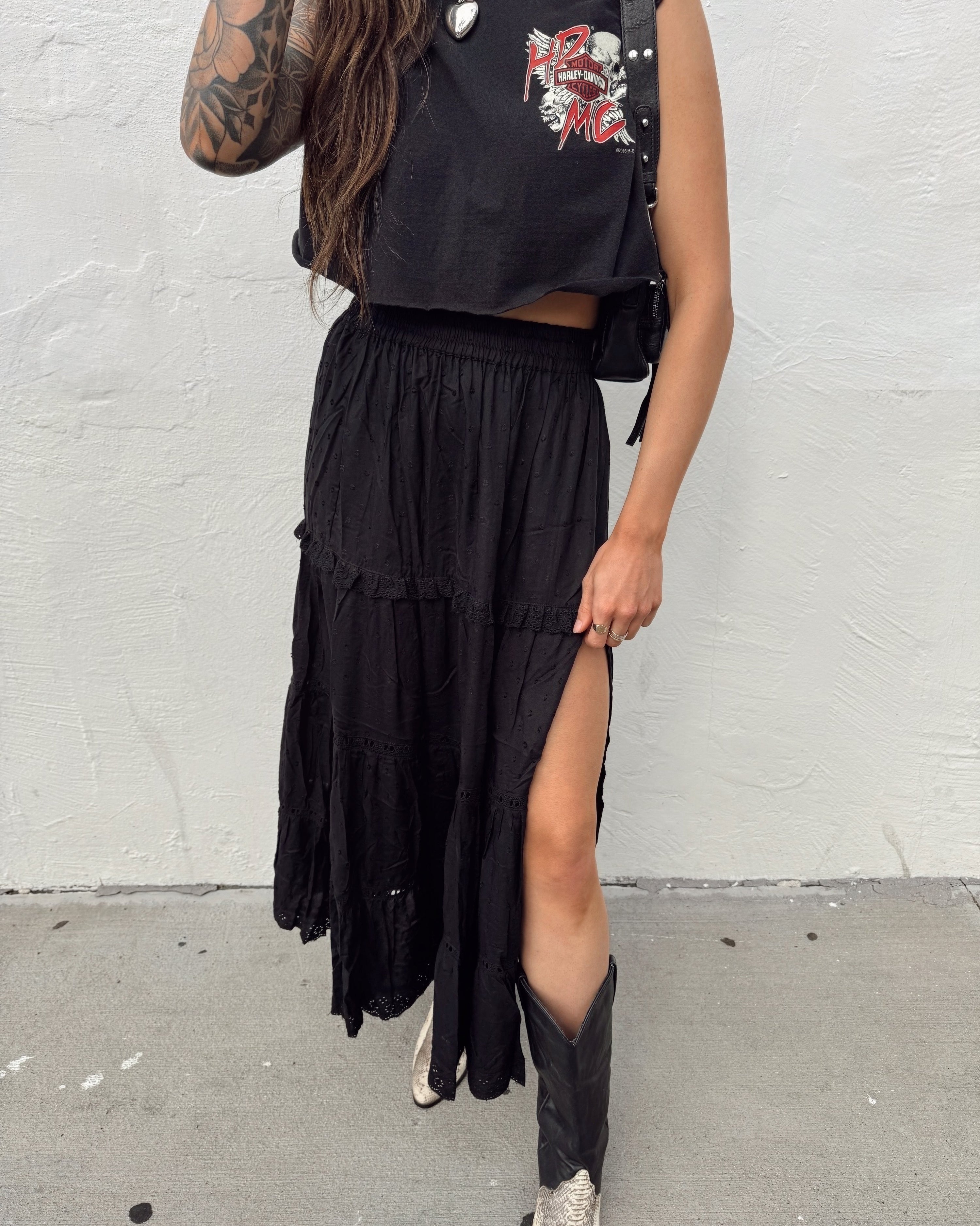 Tiered Slit Maxi Skirt - Black - Burnout