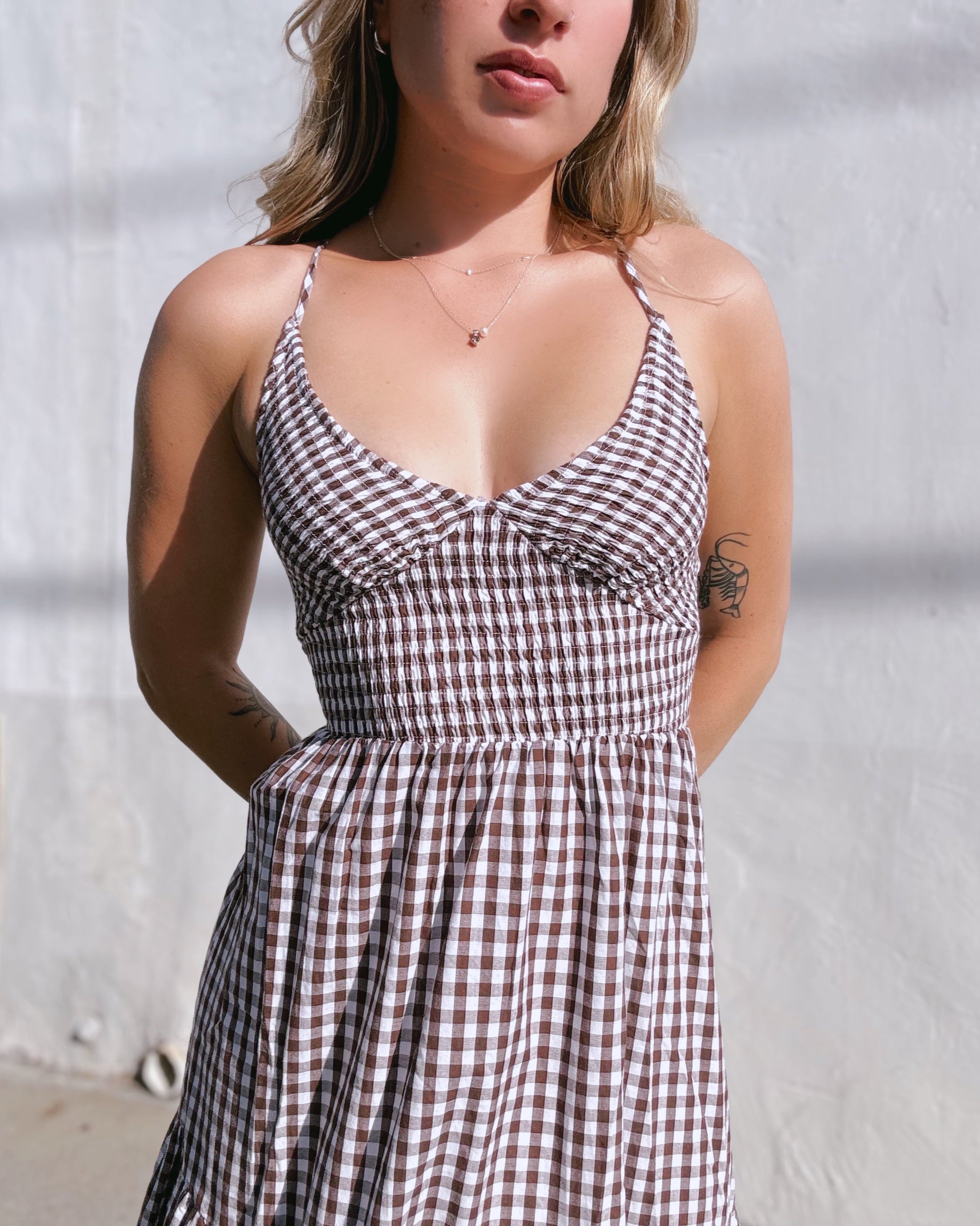 Smocked Gingham Midi Dress - Brown