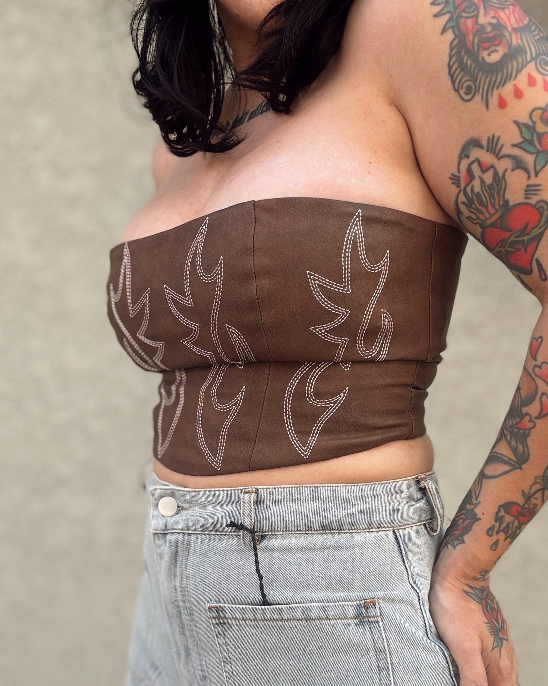 Leather Saddle Stitch Corset Top - Brown - Burnout
