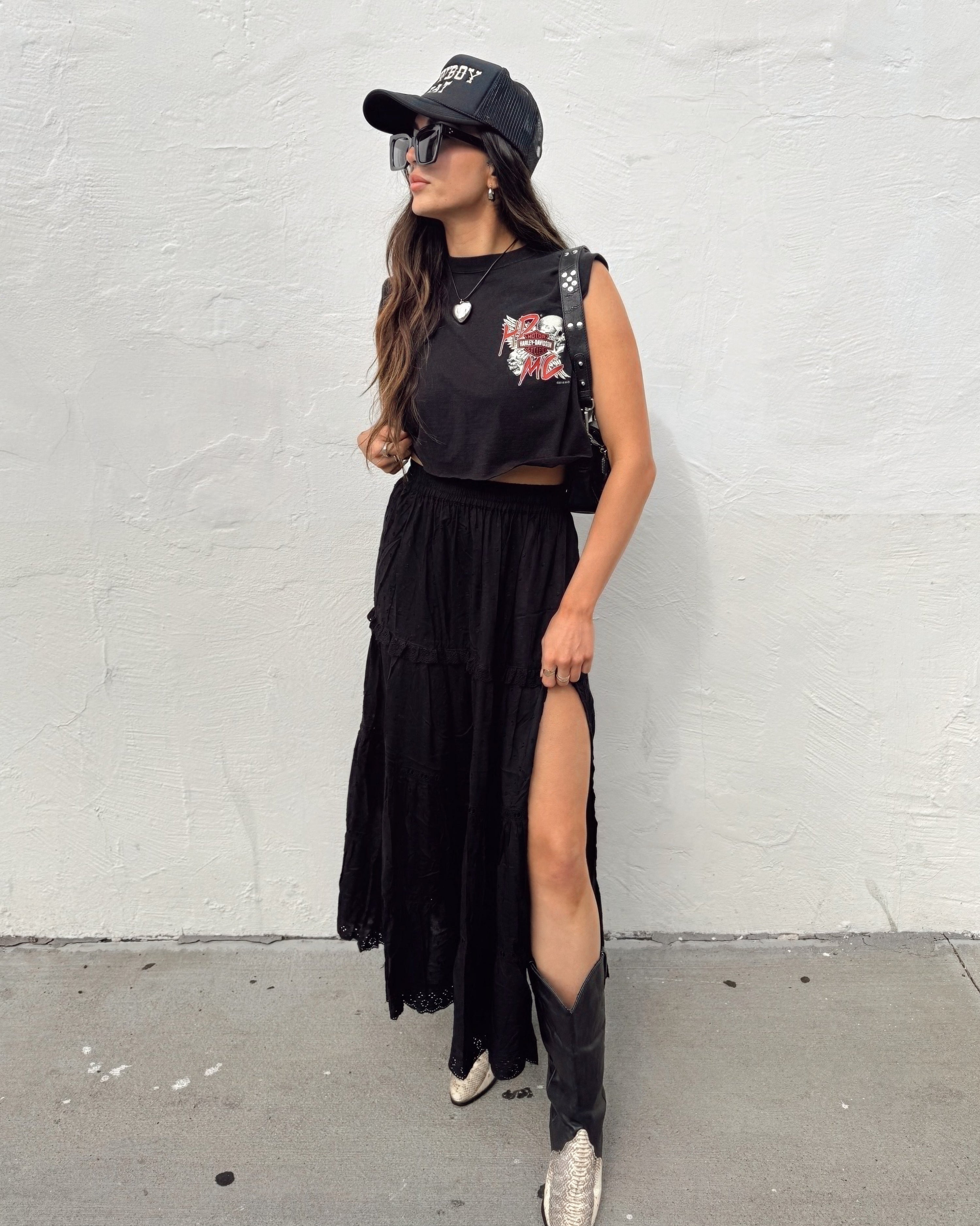 Tiered Slit Maxi Skirt - Black - Burnout