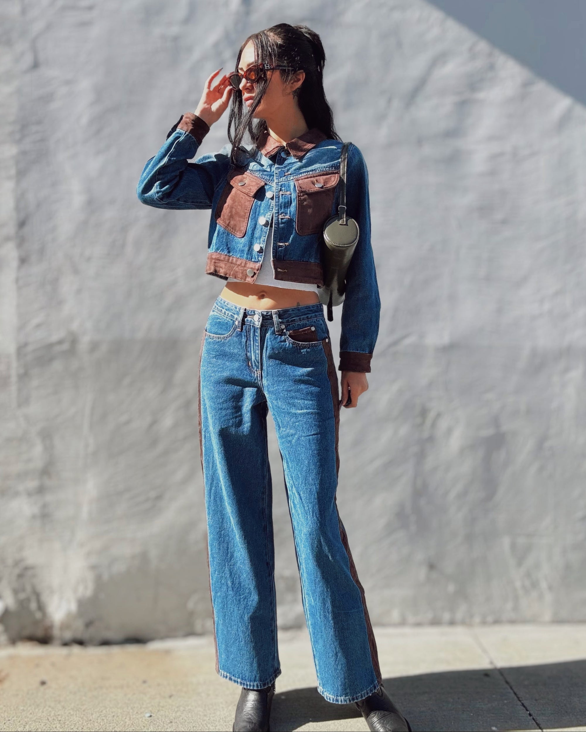 Suede Detail Straight Leg Jeans