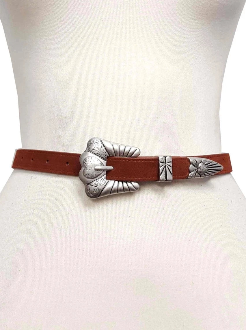 Suede Western Heart Buckle Skinny Belt